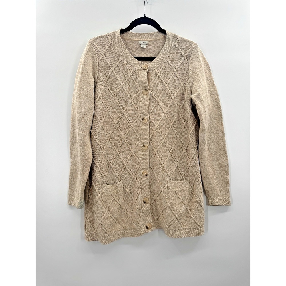VTG LL Bean Button Front Pockets Lattice Cardigan XL Fisherman Cottagecore Prep
